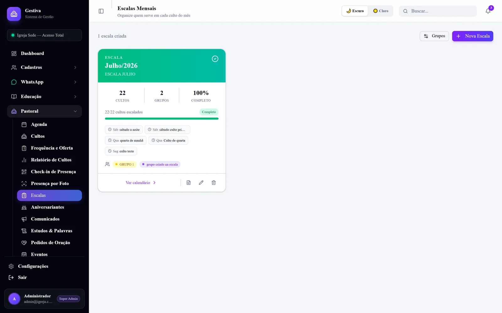 Montagem de escala mensal de servico no Gestiva
